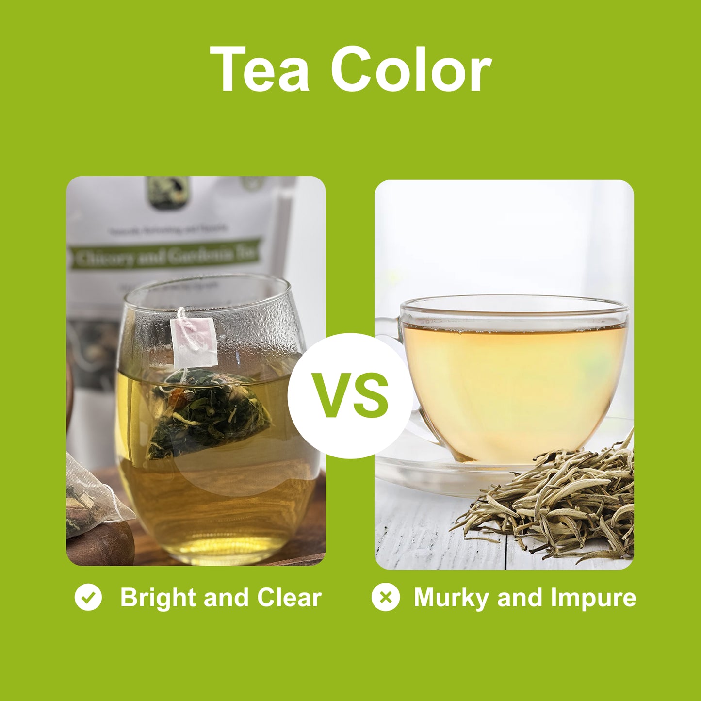 Visual comparison of herbal tea color and clarity. On the left, bright golden infusion from VitalsHerb Chicory & Gardenia Tea; on the right, murky over-steeped tea. Highlights the purity, transparency, and freshness of our caffeine-free tea made from natural ingredients.
