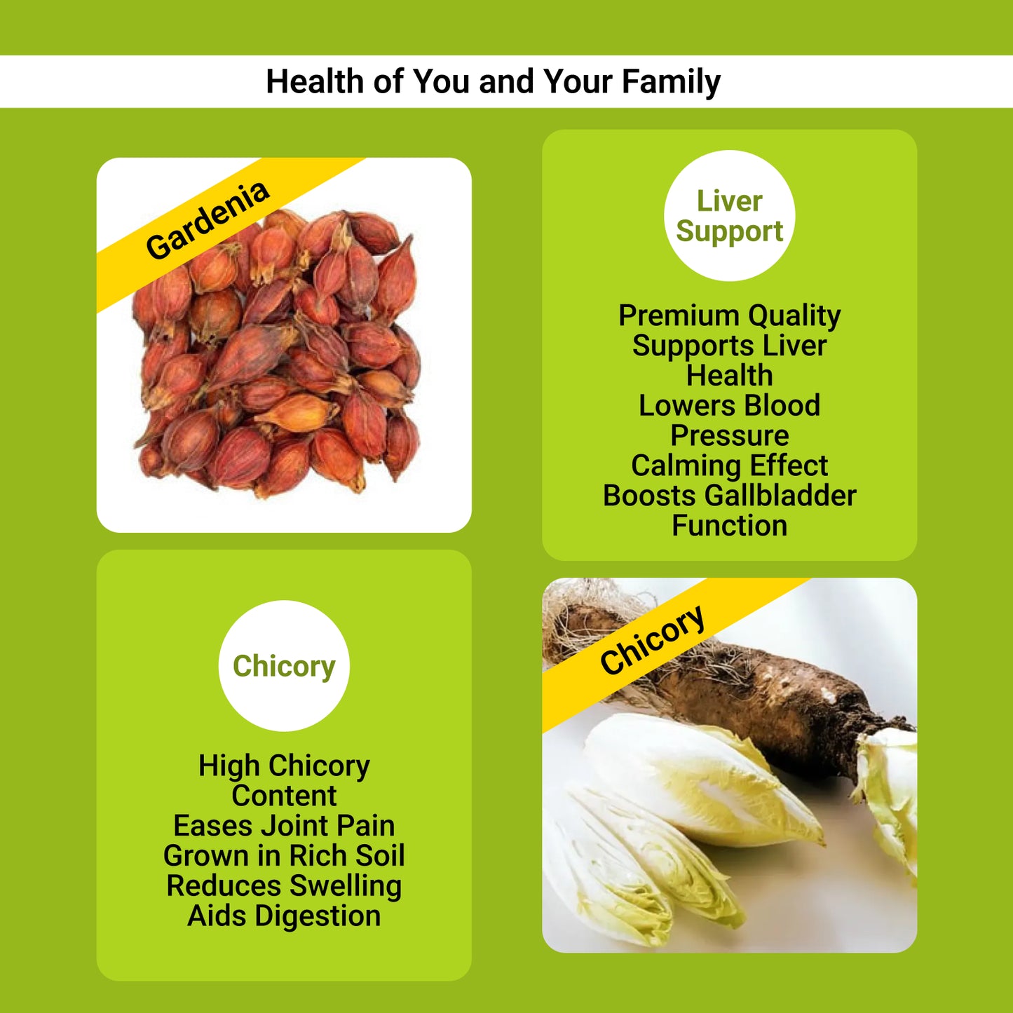 Informative image showing the health benefits of chicory, gardenia, lily, mulberry leaves, and kudzu root. Includes digestion support, antioxidant boost, liver support, and natural calming effect. Ideal for tea drinkers seeking natural wellness remedies.