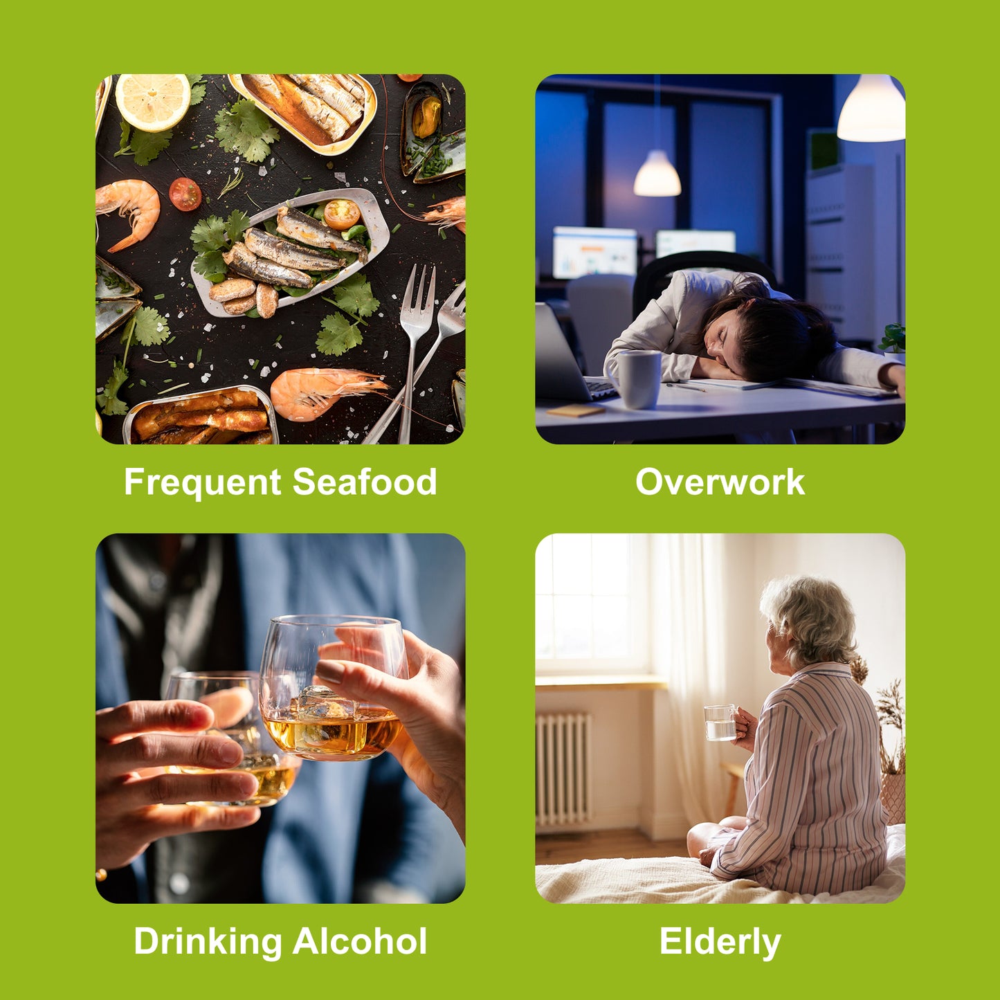 Lifestyle image highlighting situations where VitalsHerb tea can support health: after alcohol consumption, fatigue, overwork, or stress. Herbal formula aids detox, calms nerves, and supports liver function. Great for older adults and those under daily pressure.