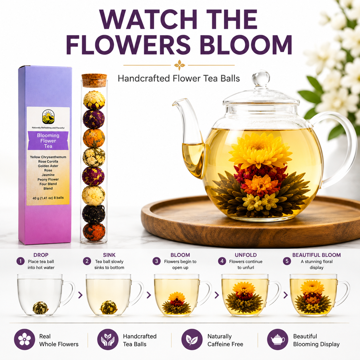 Blooming Tea Mix – Jasmine, Hibiscus, Chrysanthemum & Rose Loose Leaf, 40g
