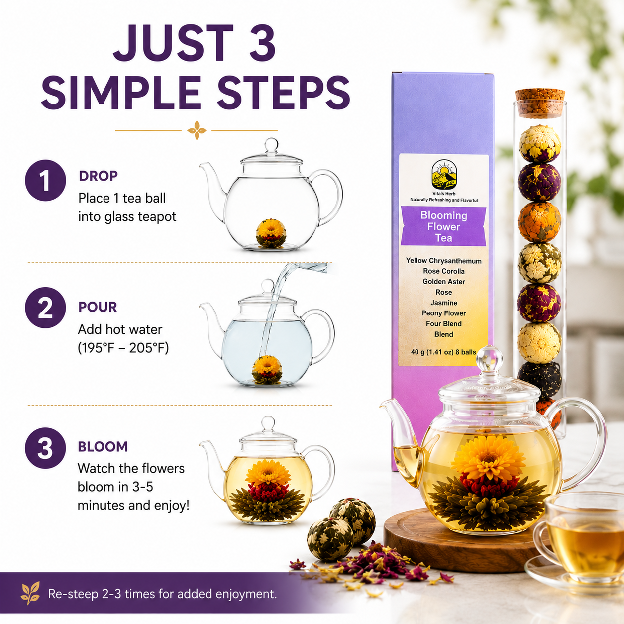 Blooming Tea Mix – Jasmine, Hibiscus, Chrysanthemum & Rose Loose Leaf, 40g