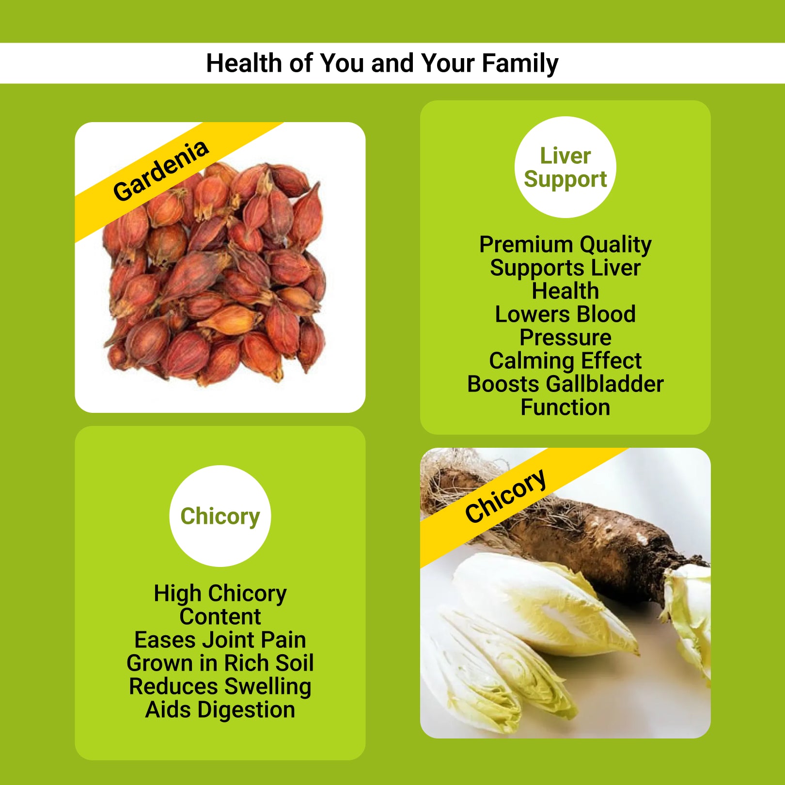 Informative image showing the health benefits of chicory, gardenia, lily, mulberry leaves, and kudzu root. Includes digestion support, antioxidant boost, liver support, and natural calming effect. Ideal for tea drinkers seeking natural wellness remedies.