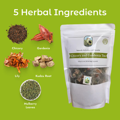 Display of the five key herbs used in VitalsHerb tea: chicory root, gardenia flower, mulberry leaves, lily, and kudzu root. Highlighted in their raw dried form next to our eco-friendly tea packaging. Pure, caffeine-free, and vegan-friendly formula.