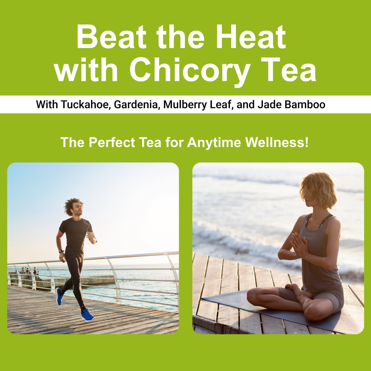 Refreshing summer-themed image promoting VitalsHerb Chicory Tea as a cooling, hydrating option during hot weather. Suitable for iced tea, this herbal blend helps beat heat fatigue while offering relaxation and digestive support. Perfect for active lifestyles.